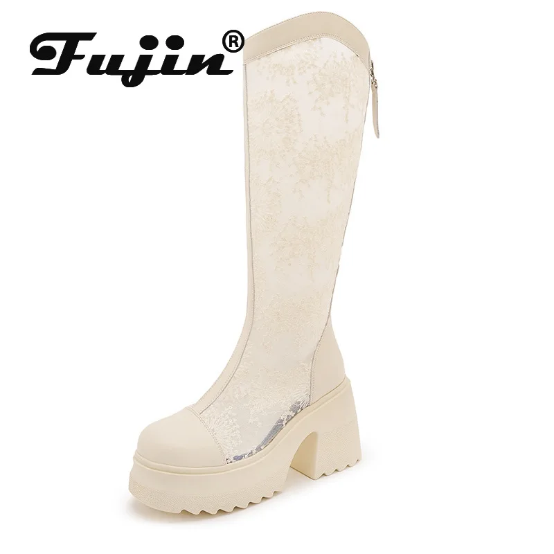 

Fujin 10cm Air Mesh Sandals Women Knee High Boots New Thick Heels Lace ZIP Summer Hollow Platform Wedge Fashion Breathable Shoes