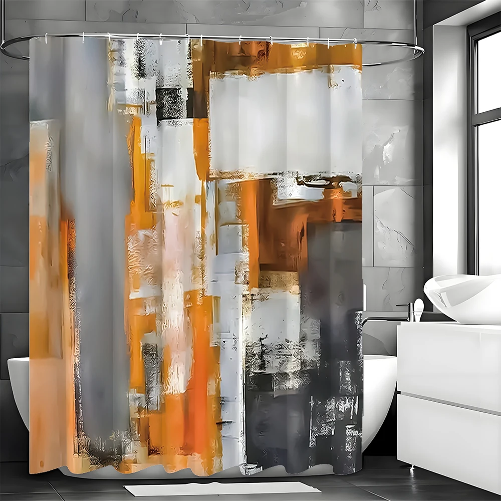 Gray and Orange Abstract Trash Art Oil Painting Shower Curtain, Bathroom Decorative Shower Curtain, Waterproof Shower Curtain wi 2