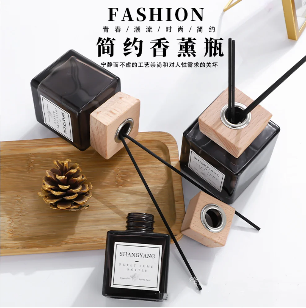 1PCS 500ml Square Aromatherapy Bottle Wooden Lids Rattan Sticks Aroma Essential Oil Bottle for Office Purifying Air