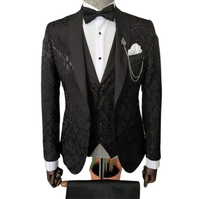 3 Pcs Wedding Suits For Groom Floral Men Fashion Tuxedo Black Jacket With Vest Pants Male Costume