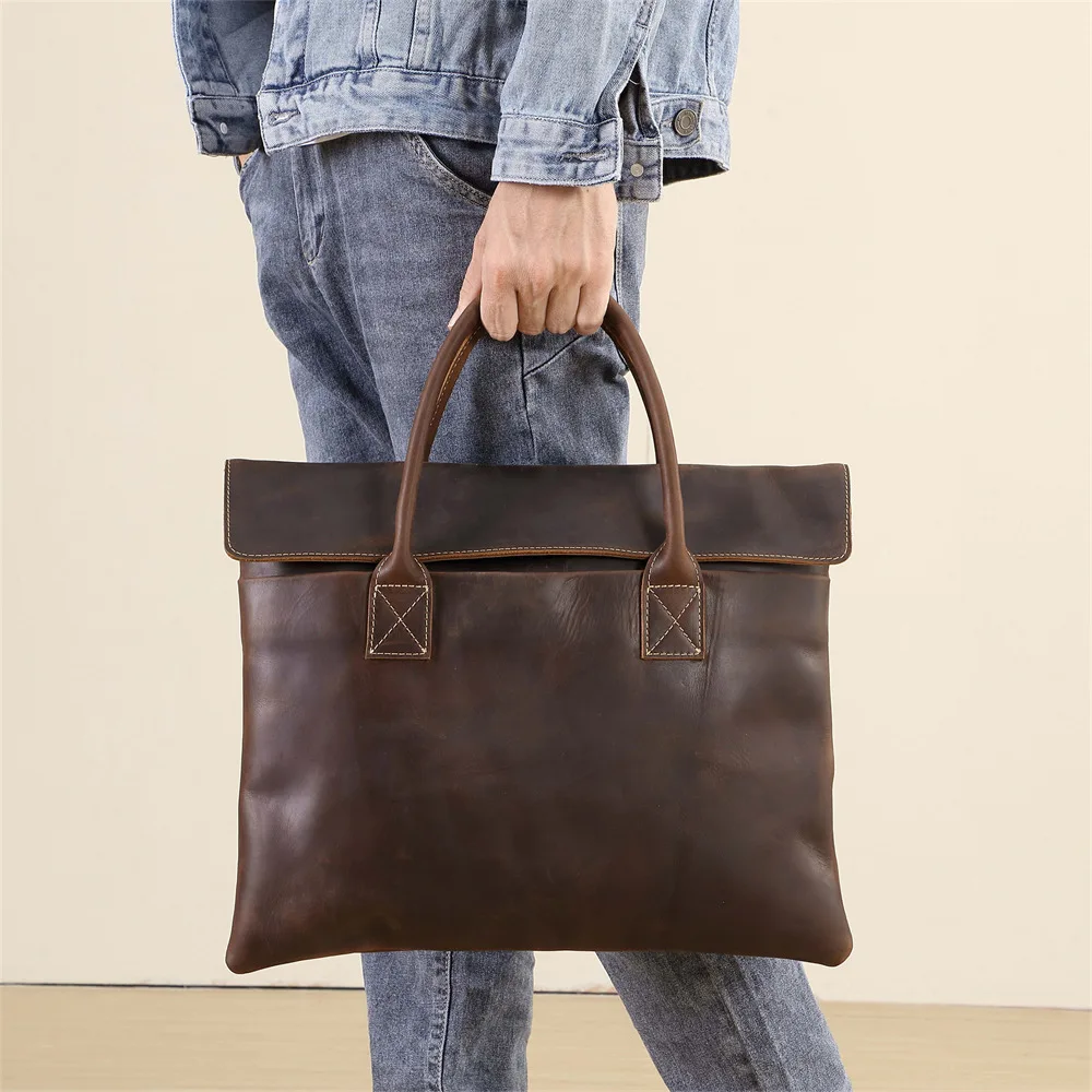 

Retro Men's Briefcase Leather Casual HandbagTop Layer Cowhide Business Tablet Bag Thin Clutch For 16-Inch Laptop