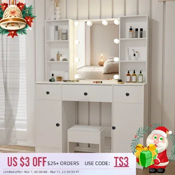 Vanity Table Set w/ LED Mirror Makeup Cabinet with 3 Drawer Storage Dresser Desk