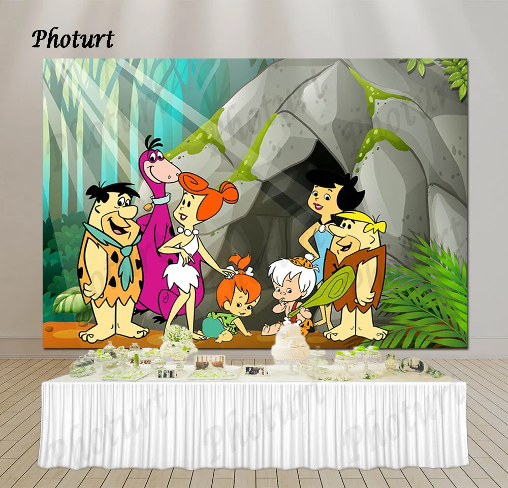 PHOTURT Flintstones 사진 배경 어린이 생일 베이비 샤워 사진 배경 푸른 하늘 녹색 폴리 에스터 비닐 부스 소품