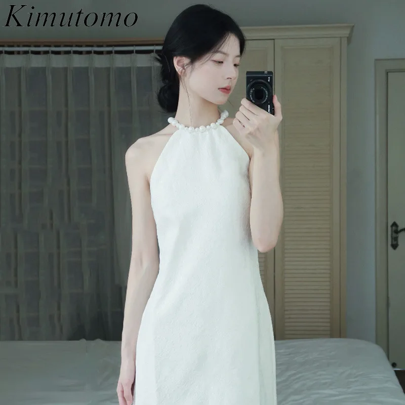 

Платье Kimutomo женское с лямкой на шее, вечернее платье без рукавов, в стиле знаменитостей, белое элегантное платье с открытыми плечами