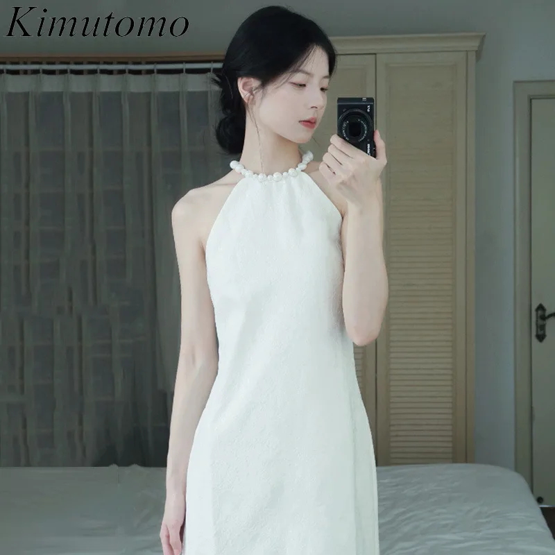 

Kimutomo Pearls Halter Birthday Party Dress for Women Sleeveless Celebrity Style White Dresses Off-shoulder Elegant Vestidos
