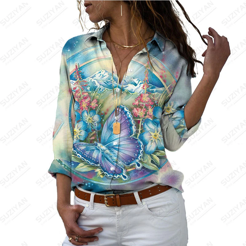 

Spring and Autumn Women's Top Long Sleeve Shirt Butterfly Flower Print Shirt Women's Single breasted Floral Pattern Polo Shirt