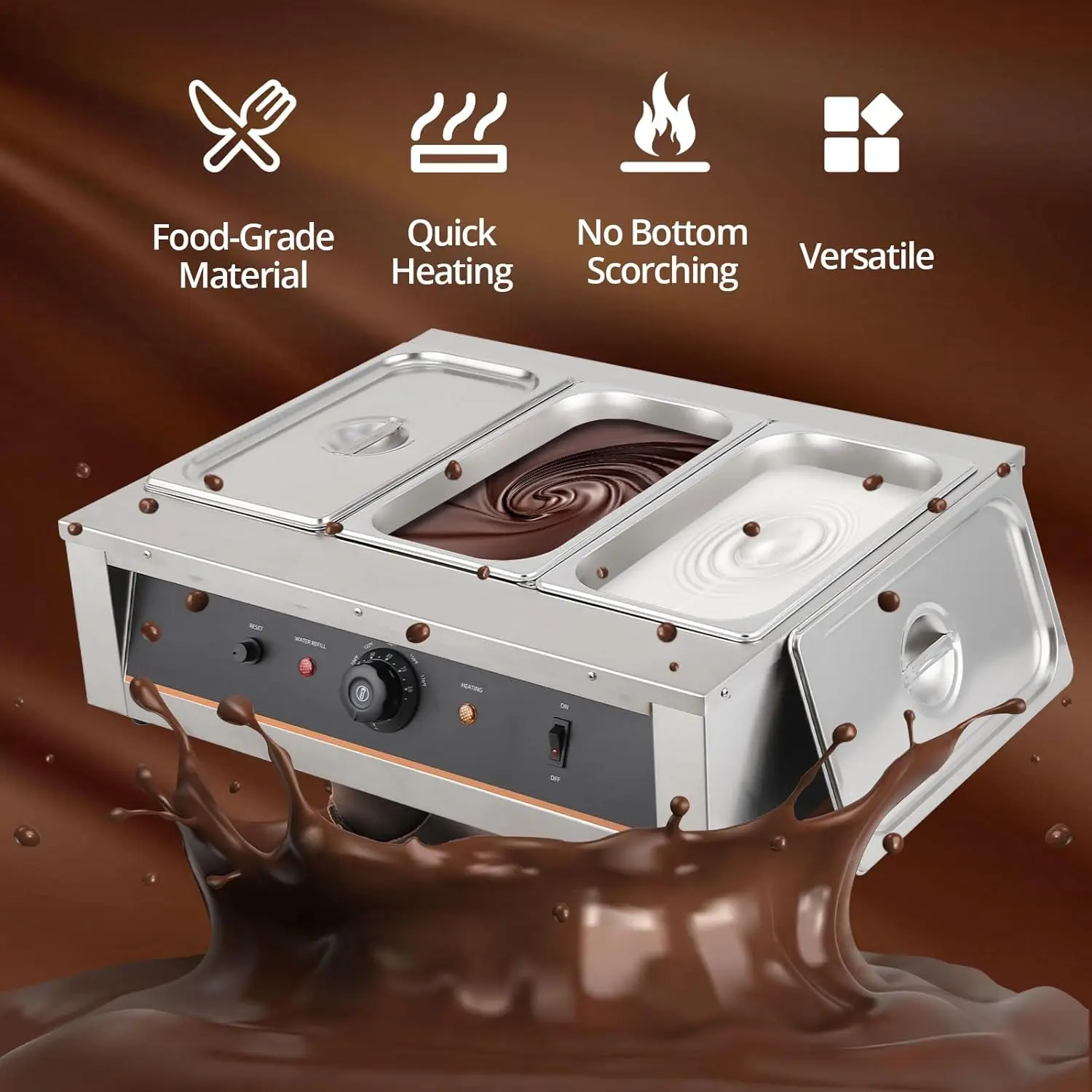 Tempering Machine-4.12 QT*3 Tanks, Temp Control 86~185℉, 1500W Stainless Steel Electric Commercial Food Warmer for C