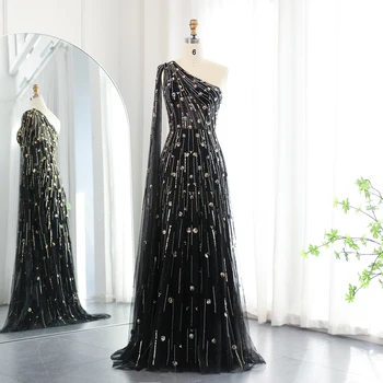 Luxury Beaded Black One Shoulder Evening Dresses with Cape Sleeve Sage Green Lilac Women Wedding Party Gowns 182 1