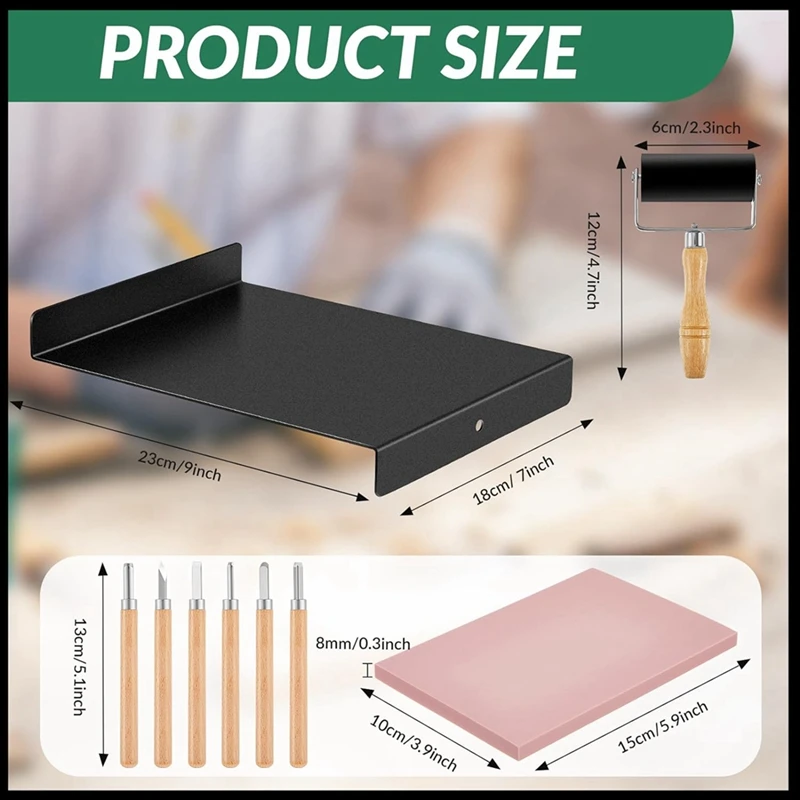 New Block Printing Kit Include 1 Pcs Bench Hook And Inking Plate 2 Pcs Linoleum Block 1 Set Linoleum Cutter Brayer Roller