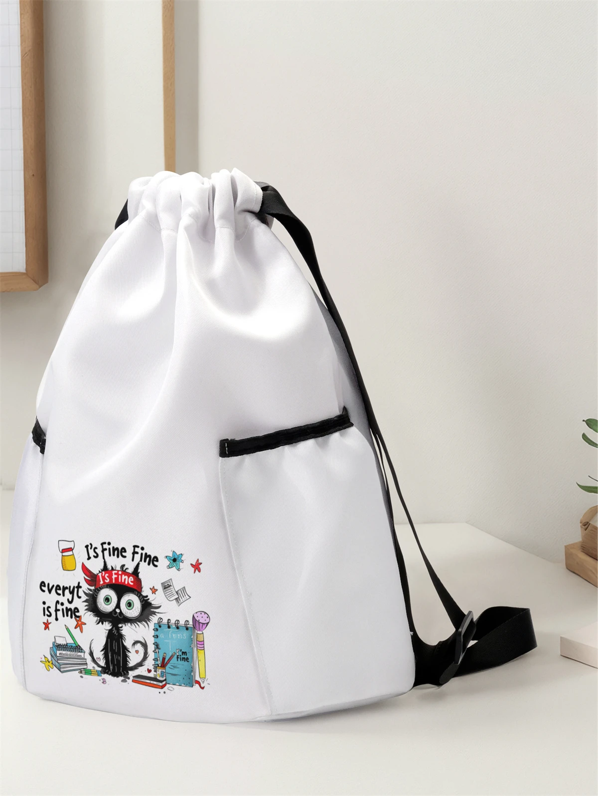Cat Pattern Printed Drawstring Backpack - Large Capacity Durable Fitness Bag, Sports Beach Backpack