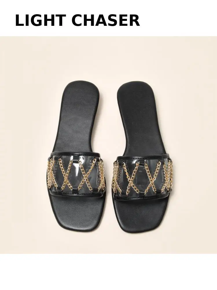 Fashion Metal Chain Casual Women's Slippers New Sandals Women's Metal Pvc Surface Flat Bottom Outer Wear Beach Slippers Women