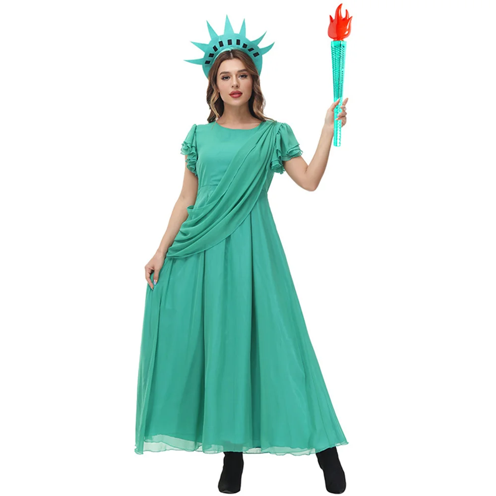 

Adult Women Statue of Liberty Cosplay Costume Green Chiffon Party Long Dress Halloween Greek Goddess Outfit