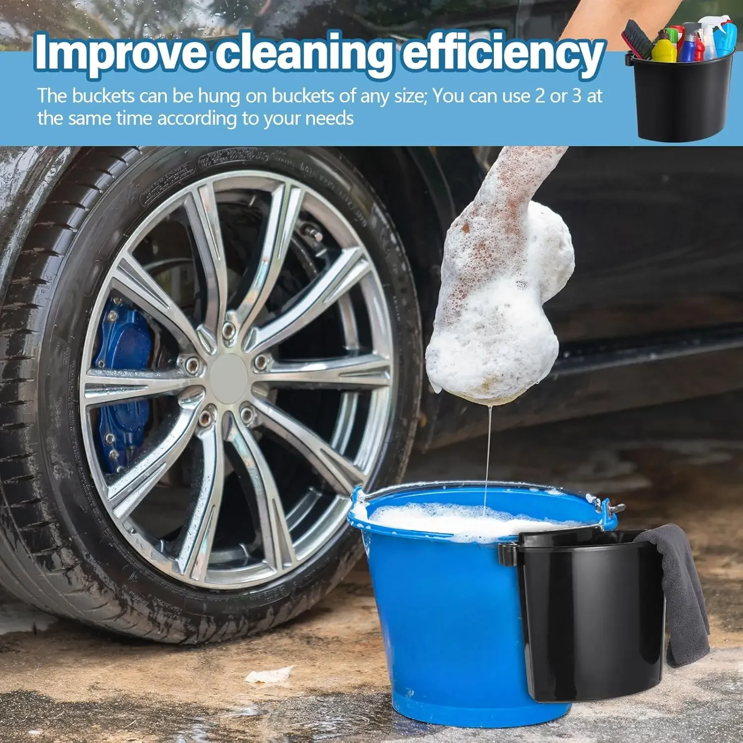 4Pcs Car Detailing Bucket Portable Car Washing Bucket Multipurpose Squeegee Hanging Organizer for Accessories Tool Picnic Black