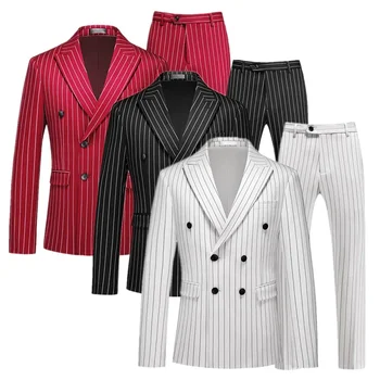 Abito da uomo doppiopetto a righe alla moda 2 pezzi nero / vino rosso Homme Business Social Wedding Party Blazer e pantaloni