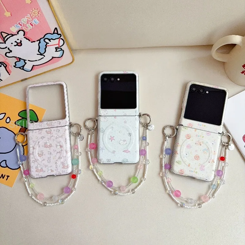 Floral Beaded Lanyard Flip Phone Case - Magnetic PU Leather Shockproof Cover
