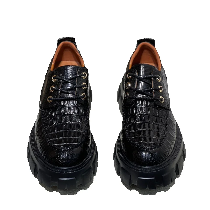 Authentic Real Crocodile Skin Classic Black Men's Mid-heel Derby