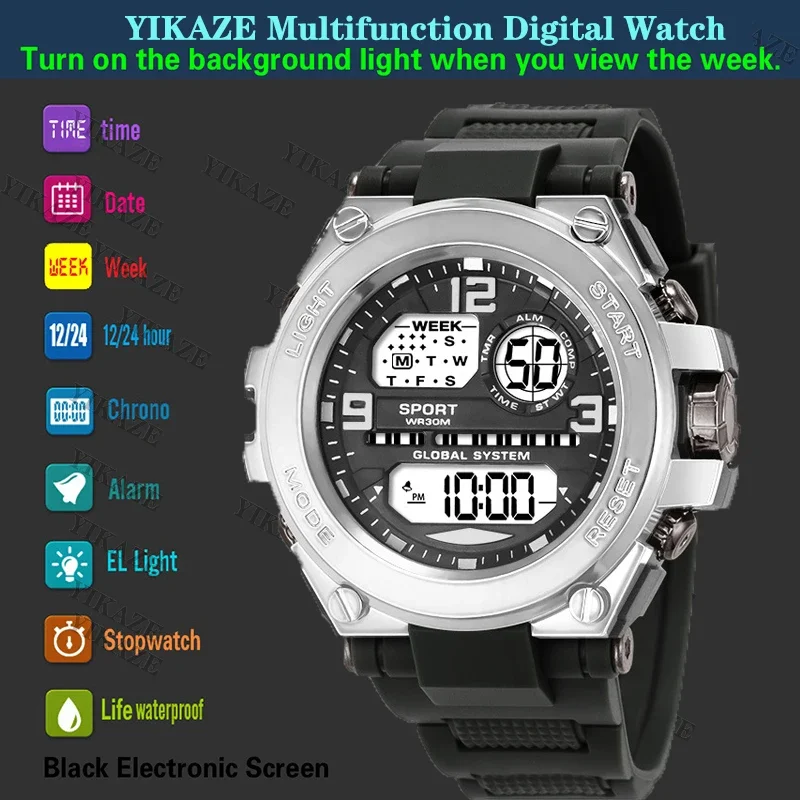 YIKAZE Men's Sports Watches Military Multifunction Digital Watch 3Bar Waterproof Luminous Alarm Clock Men Electronic Wristwatch