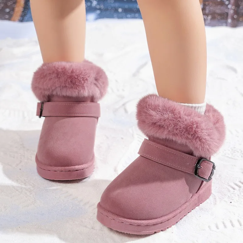 Girls Snow Boots Simple Furry Hairy Winter Boots for Children Warmth Outdoor Kids Fashion Plush Boots Ankle Non-slip Versatile
