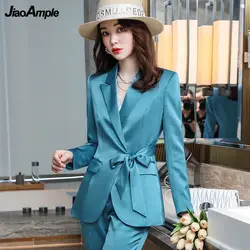 Feminino casual terno calças de duas peças primavera/outono high end preto brilhante rendas blazers conjunto coreano moda profissional