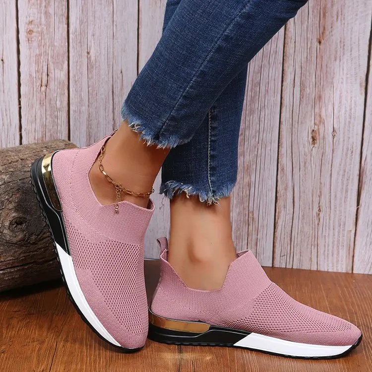 

Women's Shoes New Elastic Fabric Round Head Simple Casual Sports Shoes Flat Bottom Breathable Mesh Vulcanized Shoes