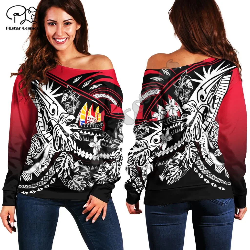 French Polynesia Tahiti Country Island Flag Tattoo Tribal 3DPrint Women Casual Harajuku Off Shoulder Sweatshirts Long Sleeves X3 bernstein trouble in tahiti