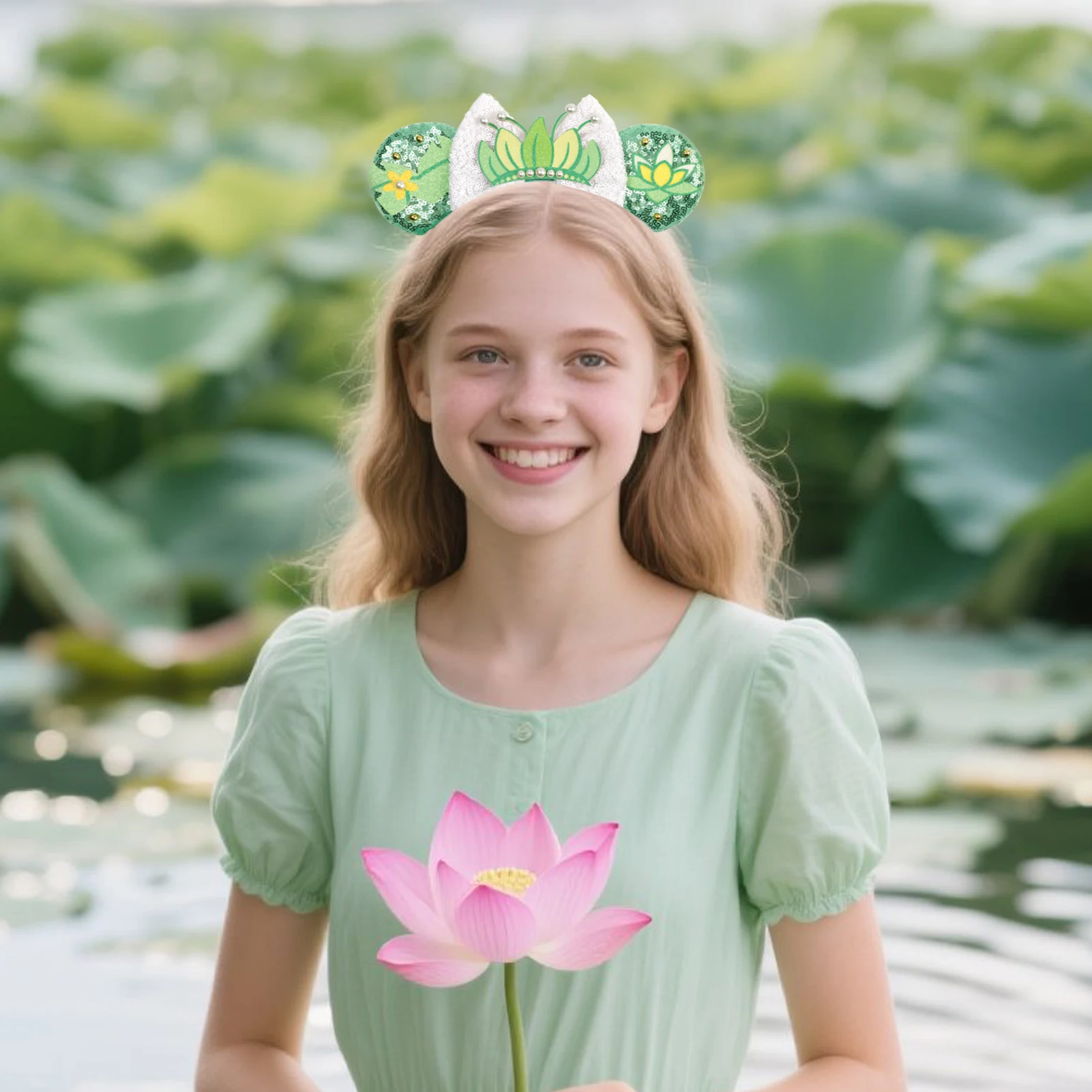 Haarbänder „Die Prinzessin und der Frosch“ für Frauen, niedliche Kopfaccessoires, Kinderkrone, Pailletten, Schleifen-Stirnband, Ohren, Kopfbedeckung, Accessoires – Detail 8