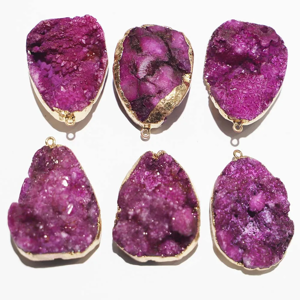 Natural Stone Mei Red Crystal Druse Tooth Agate Pendant Irregular Mineral Healing Necklace DIY Jewelry Accessorie Wholesale 6Pcs