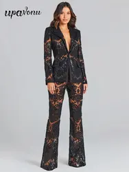 Sexy Autumn Women's Sequin Perspective Suit Pants Set with Polo Collar Long Sleeve Slim Fit Suit Coat+Flare Pants Two Piece Set