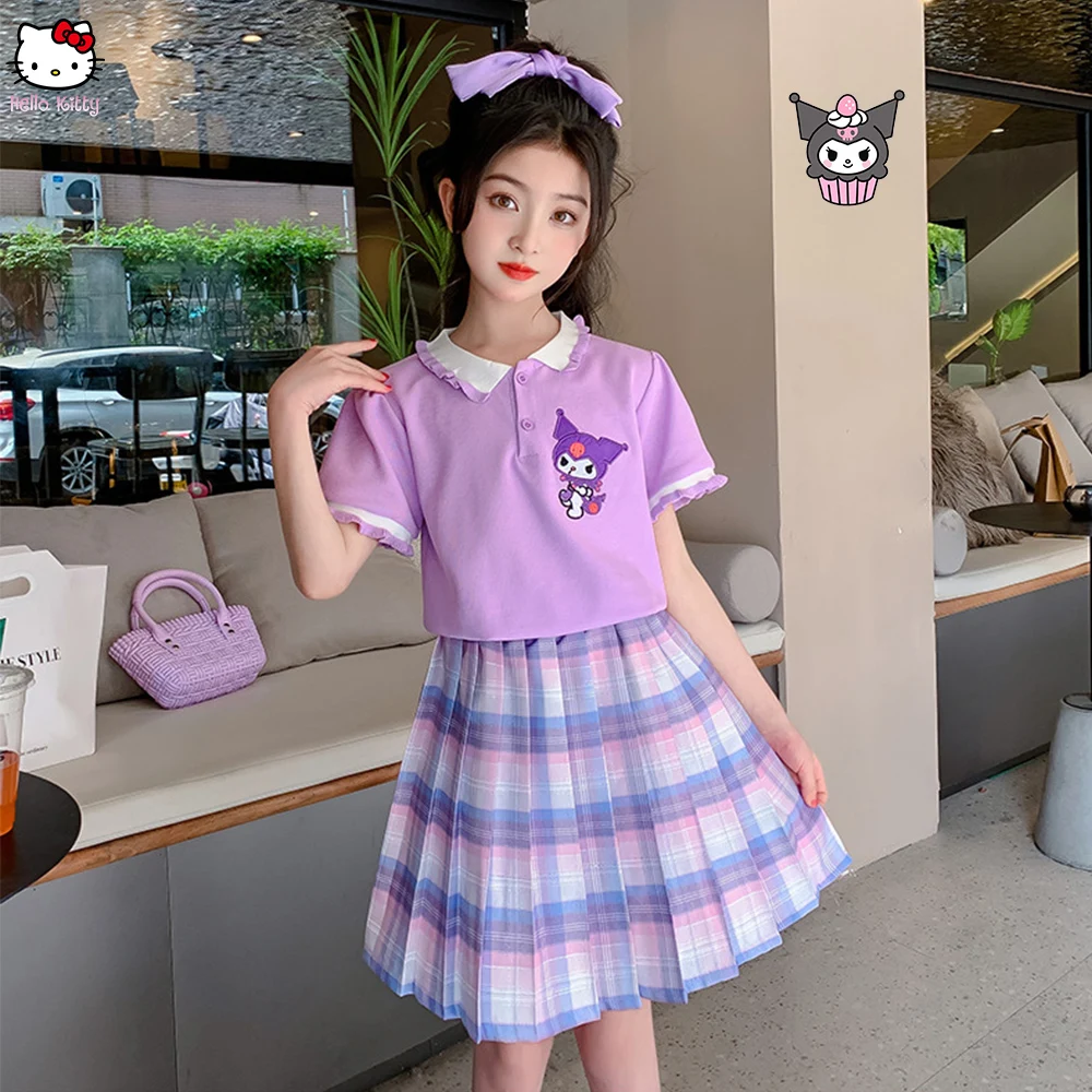

Детская плиссированная юбка Jk для девочек с коротким рукавом, милая фиолетовая Повседневная мультяшная Модная студенческая юбка Kuromi с коротким рукавом в стиле колледжа
