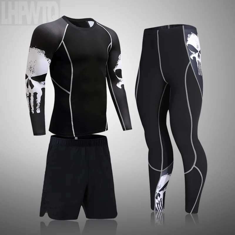 

Men's Sport Suit Rashguard Gym Skull Running T-Shirt Workout Leggings Compression Sportswear Sweat Thermal Underwear Jogging Set