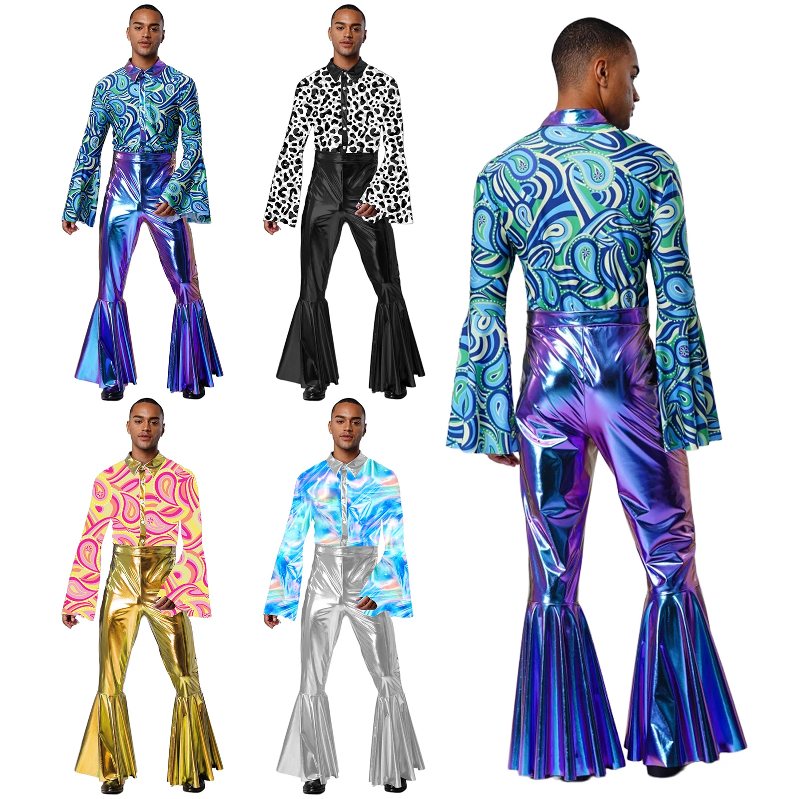 Men Halloween 70-80s Disco Hippie Cosplay Performance Costume Flare Sleeve Printed Metallic Shiny Bell-Bottom Jumpsuit Clubwear