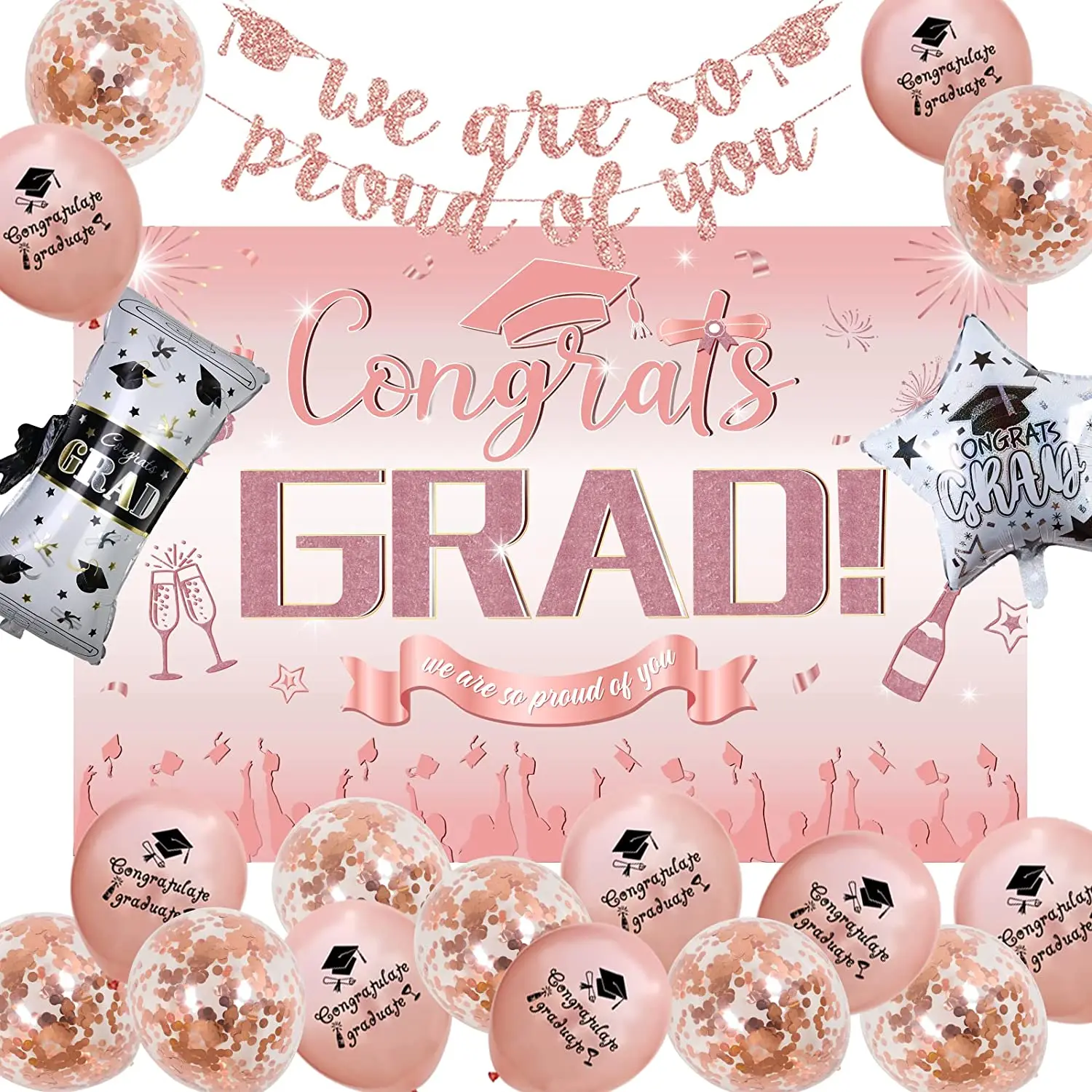 

JOYMEMO Rose Gold Graduation Party Decorations with Congrats Grad Backdrop We Are So Proud of You Banner Star Balloon Supplies