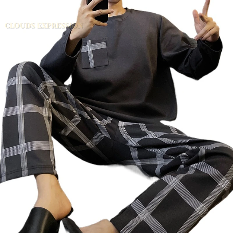 Spring Autumn Knitted Pjs Full-length Men's Pajama Sets Male Pajamas Plaid Loungewear For Masculine Sleepwear Home PJ Clothing