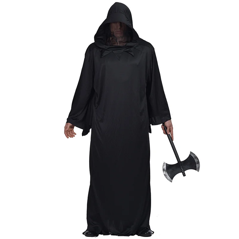 

2023 New Solid Colored Hooded Uniform Male Death Suit Ankle-length Sorcerer Robe Halloween Horror Party Cosplay Cloak Costume
