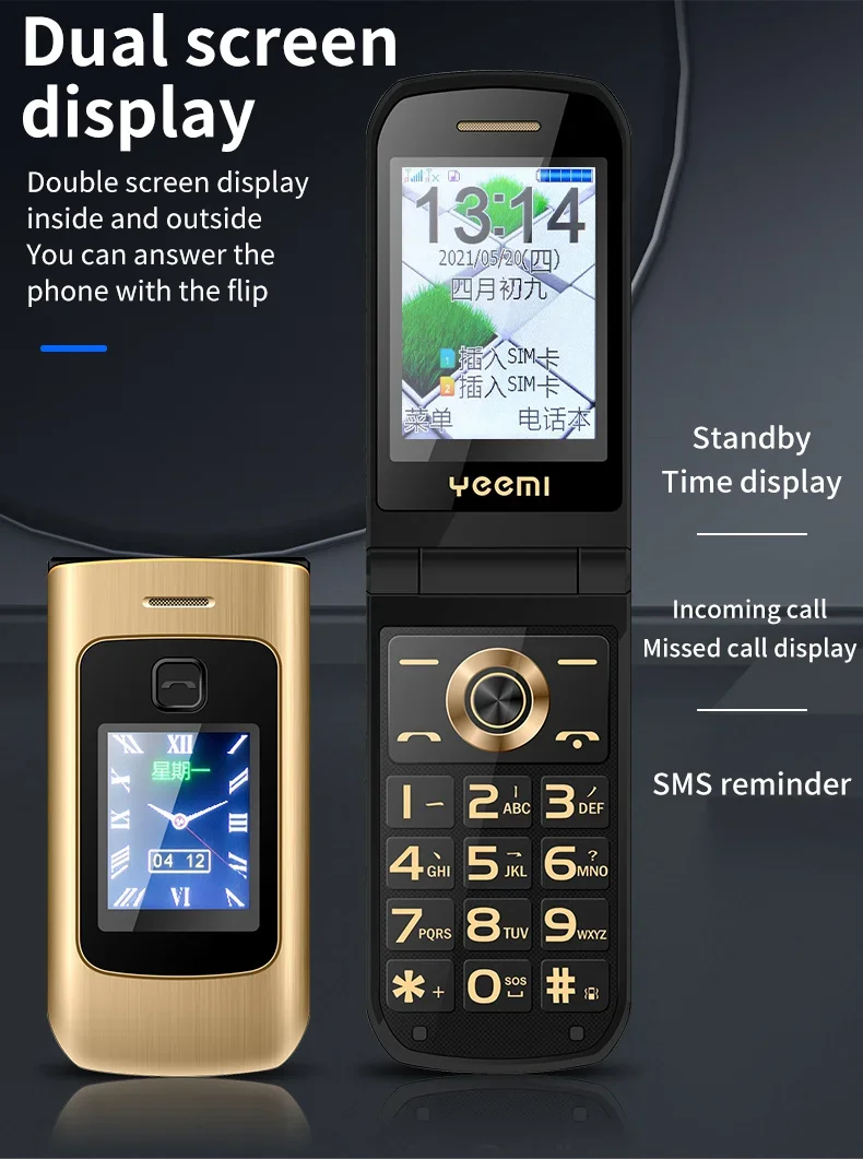 YeeMI K21+ 4G Flip Phone Big Button 2.6 Inch Screen Dual SIM Dual Screen Feature Phones 4800mAh Russian Keyboard For Elderly