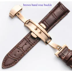 Elegant Leather Watch Band with Double Press Butterfly Clasp - 22mm (Borwn - rose buckle)