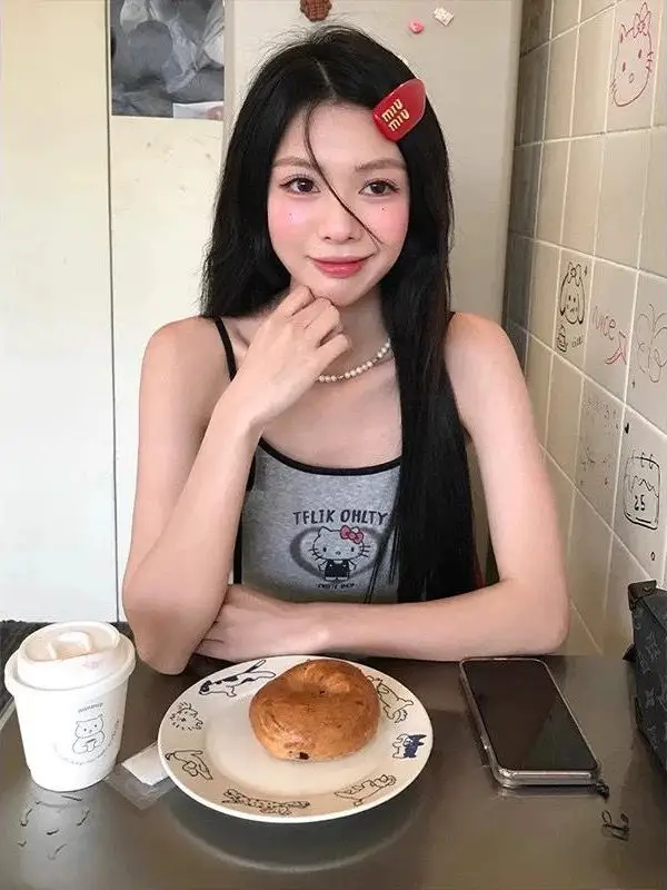 Sexy Modal American Hot Girl Kit Print Strap Vest Women's Summer Svel Pure Desire Tie Dye Tank Top ort Length