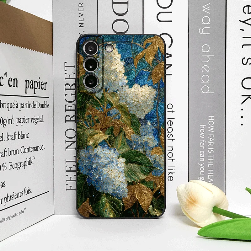 Blue Hydrangea Pattern Frosted Soft Phone Case with Abstract Flower Design