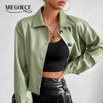 MIEGOFCE European And American Spring Autumn Lapel Faux Leather Women Jacket Loose Leather Outwear Motorcycle Female Coat J589 1