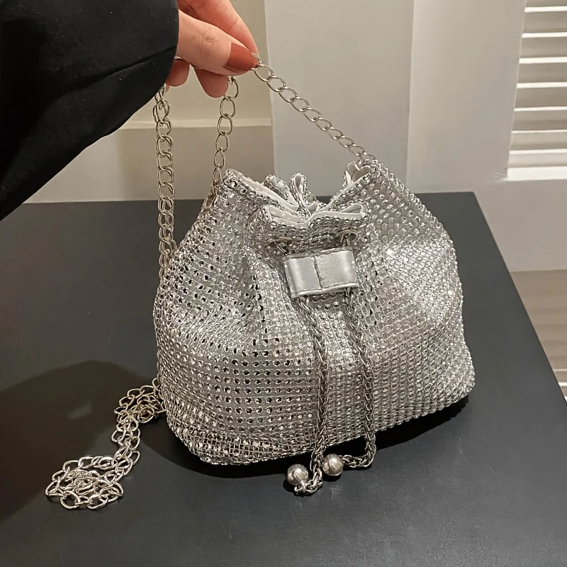 Ladies' shiny drawstring crossbody bag, bucket-shaped handbag, multi-functional, available in 5 colors: green, gold, silver, bla 3