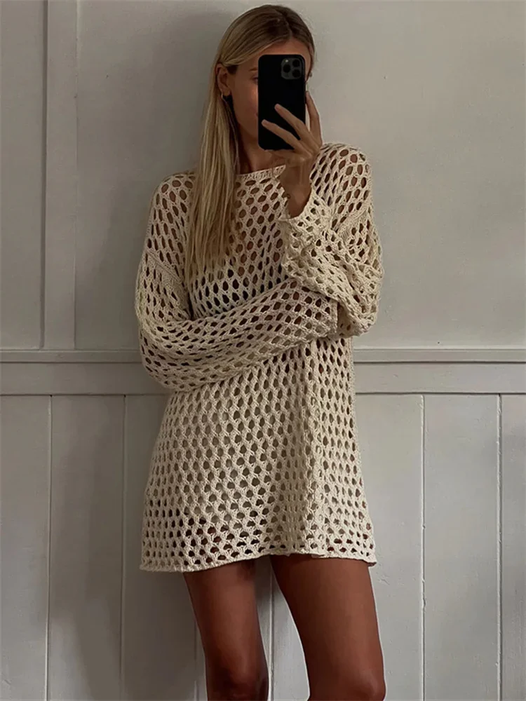 Sexy Hollow Out Knit Cover Up Dress For Women See-Through Loose Beach Holiday Mini Dress Summer Splice Knitwear Cover up