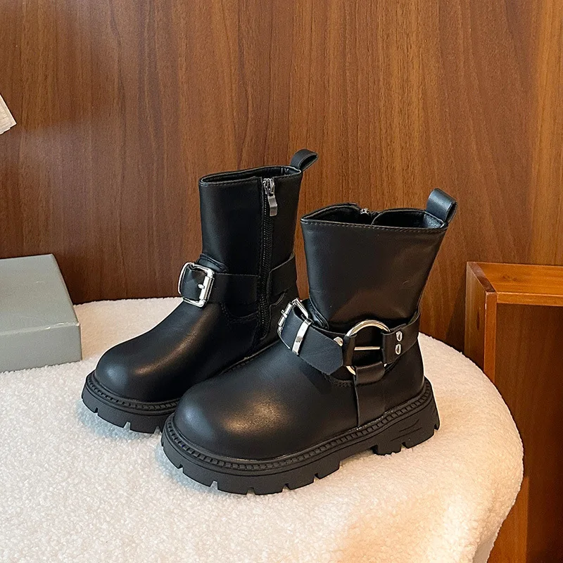 Children Leather Boots Suede Warm Kids Fashion Boots Korean Style Versatile 2025 Autumn Winter Girls Princess Boots Round Toes