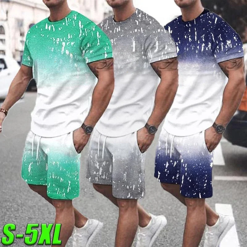 Men Clothing Sportswear Set Fitness Summer Print Men Shorts + T Shirt Men's Suit 2 Pieces Sets Plus