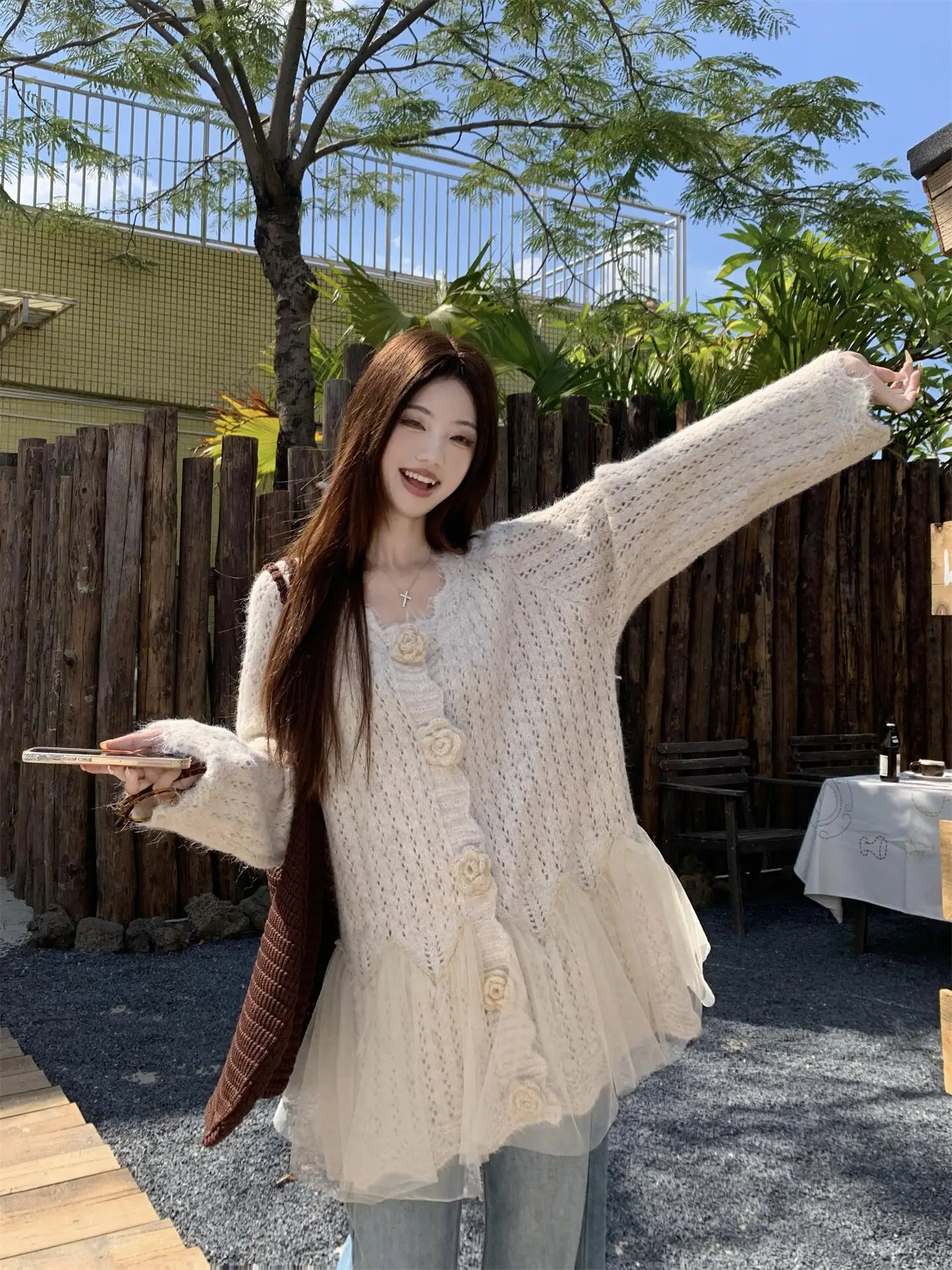 3D Floral Mesh Splicing Knitted Sweater Coat Women's Spring New Mid-Length Casual Top V-neck Long Sleeve Button Closure