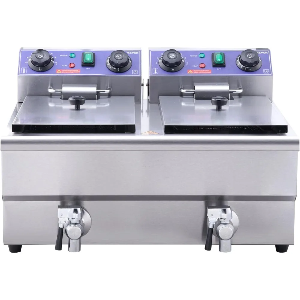 Commercial Electric Deep Fryer, 24L 3000W w/Dual Removable Basket, Stainless Steel Electric Countertop Fryer w/Time Control