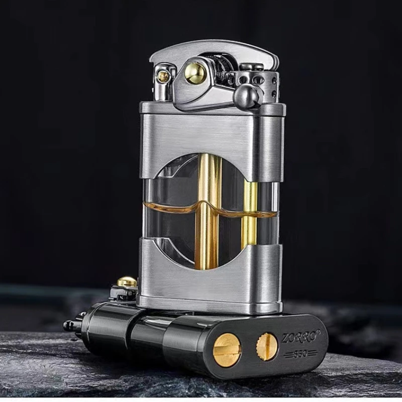 ZORRO Creative Rocker Kerosene Lighter Metal Visible Transparent Oil Bin Old Style Grinding Wheel Smoking Accessories Gadgets kerosene lighter,cigarette lighter