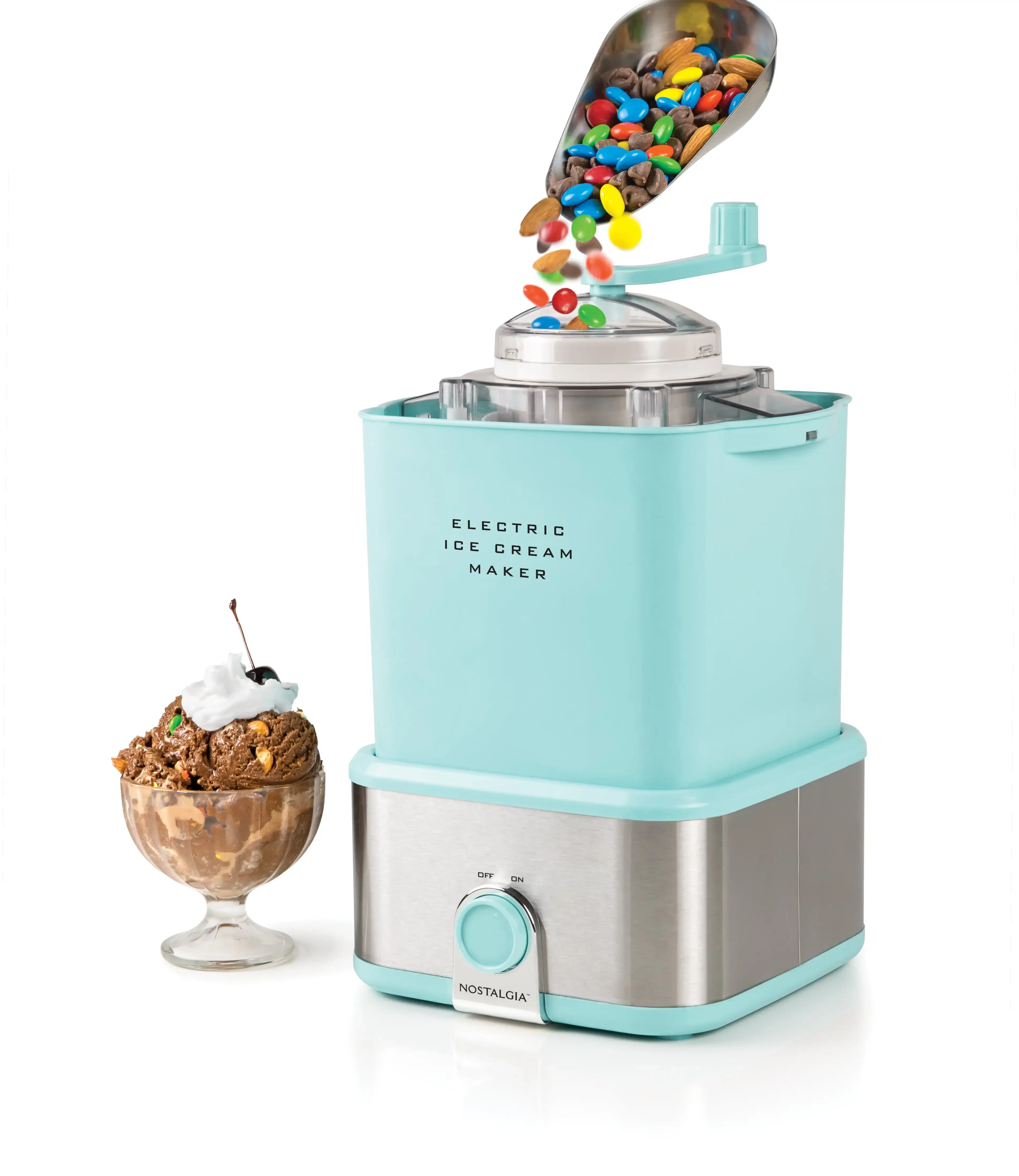 Nostalgia CCIM2AQ 2-Quart Electric Ice Cream Maker with Candy Crusher, Aqua, Stainless Steel