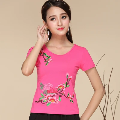 Women Chinese Style Vintage Floral Print Qipao Tops Hanfu Tee Shirt