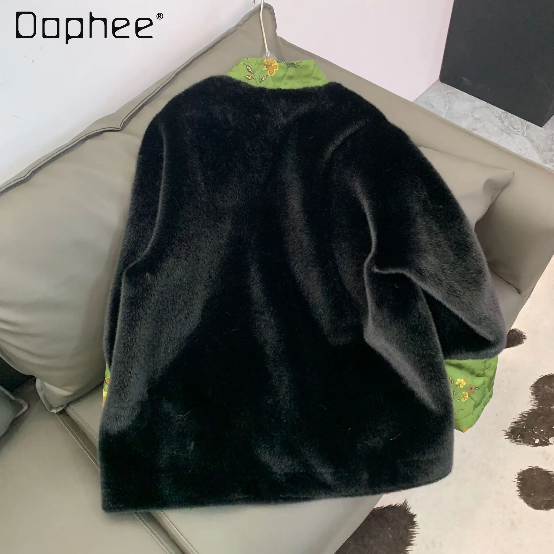 2023 New Fall Clothing Socialite Woman Imitated Mink Fur Furry Coat Chinese Style Retro Long Sleeve Mid-Length Jacket for Women