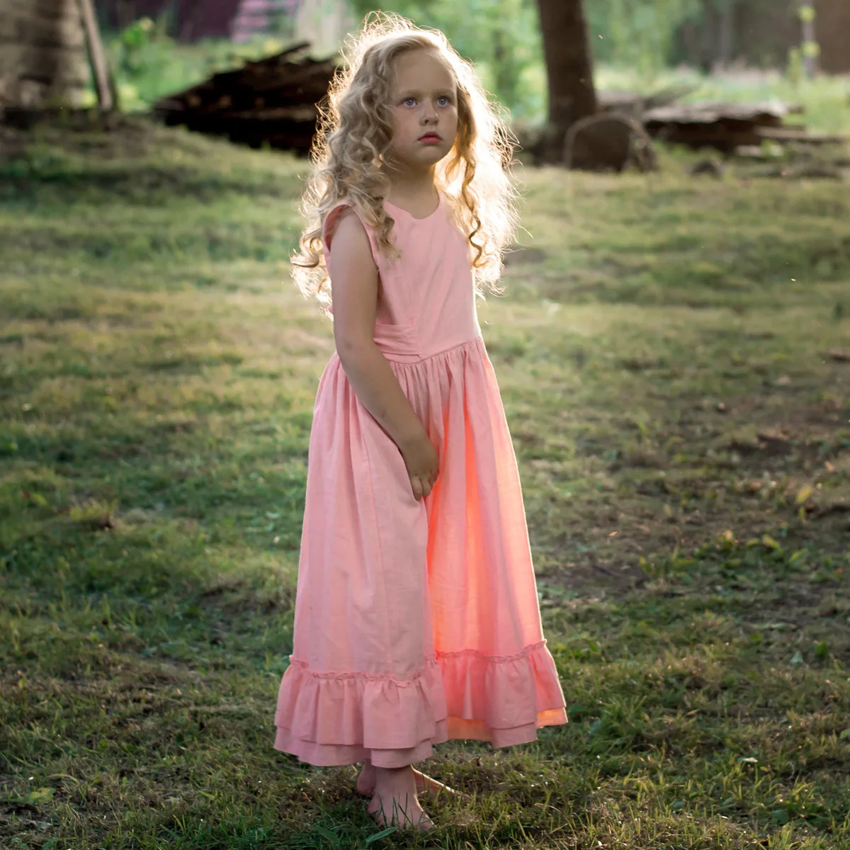 Summer Spring New Girl Cotton Linen Long Dress Kids Princess Casual Dresses Pink & White Girls Children Clothes
